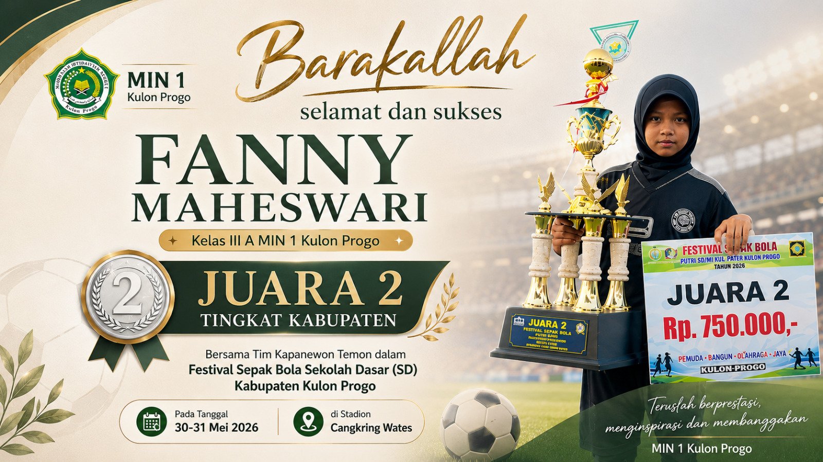 MIN 1 Kulon Progo Bangga, Maheswari Antar Temon Raih Juara II Putri Binangun Cup